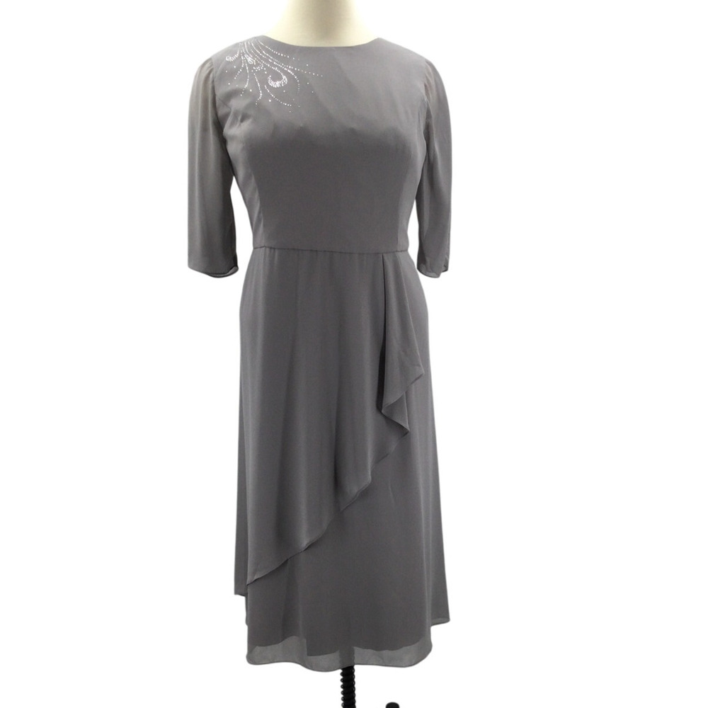 AW BRIDAL 10 L gray embellished mother of bride formal gala midi dress NEW B52
